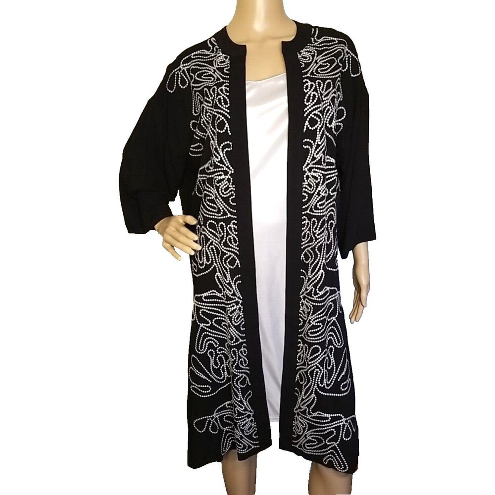 Chicos NWT Black French Knot Embroidered Kimono S/M Ruana Jacket Duster T53